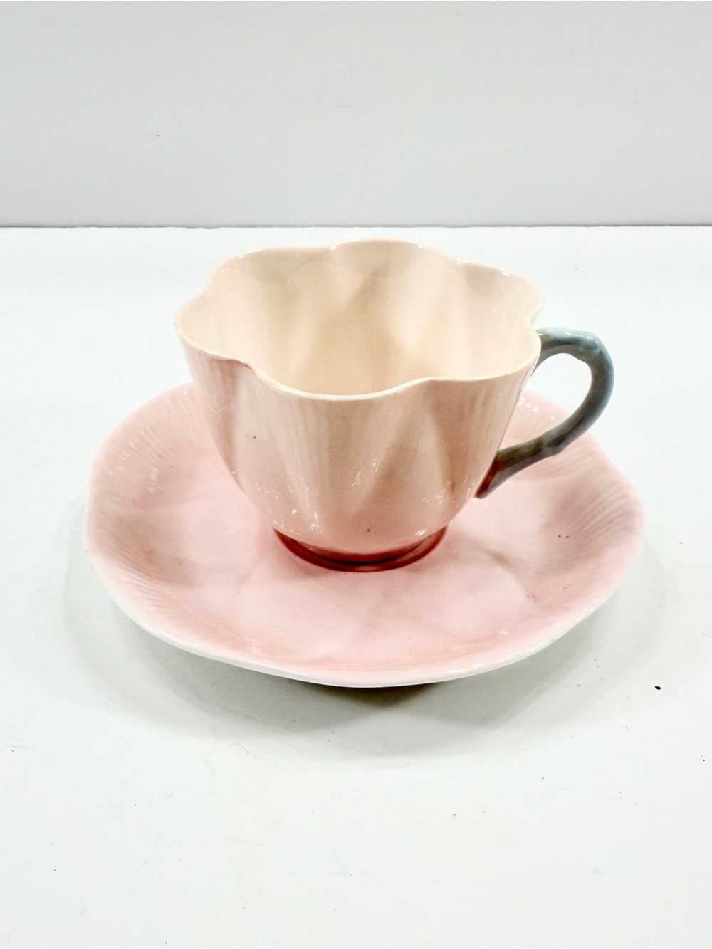 1950s Shelley Dainty Pastel Pink Teacup‎ Cup & Saucer Set, Light Blue Handle Vtg